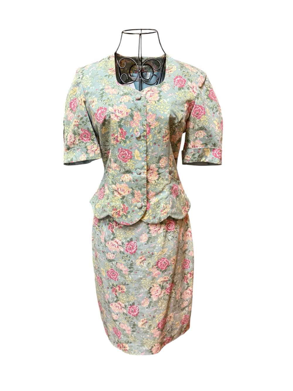 Vintage 90s Laura Ashley Floral Tailored Skirt Set in Mint with Pink Roses